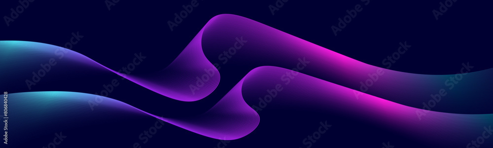 Poster Abstract technology background vector wavy lines flowing smooth curve blue pink gradient on black background. Digital wave background concept. 