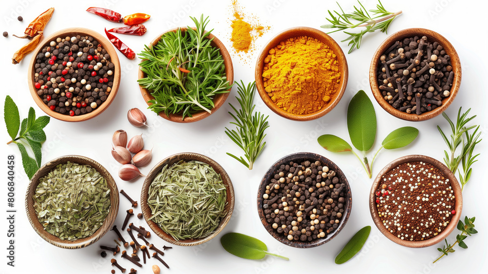 Poster a variety of spices and herbs are displayed in bowls on a white background. the spices include cumin