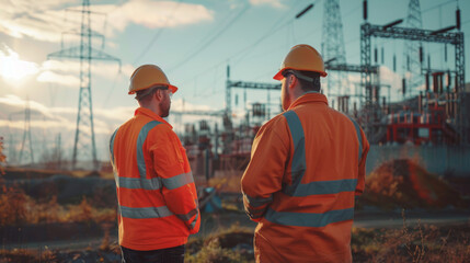 Two engineers in safety gear discuss project details at a power generation plant during sunset.