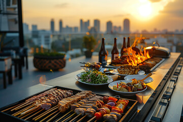 Chic rooftop barbecue setup, city skyline in background plating of grilled delicacies