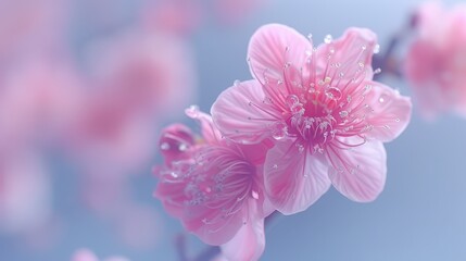 Fototapeta premium Close-up of a pink flower with dewdrops on petals against a blue backdrop