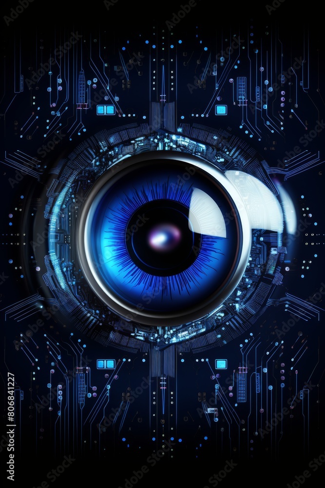 Poster cybernetic vision hacker or ai robot eye in dark tech space, cyborg view on digital background