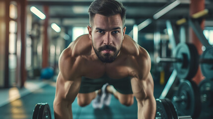 Muscular man doing push-ups in a gym, highlighting his strength and intense focus