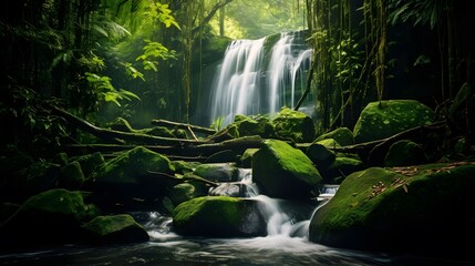 Beautiful waterfall in the rainforest. Panoramic photo.