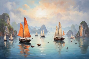 Sailing boats on the sea in Halong Bay, north Vietnam. Modern art oil painting. Seascape in the style of impressionism.