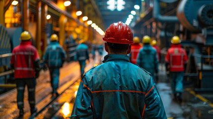 Fototapeta premium Workers in hard hats and safety gear walk through a busy industrial manufacturing plant illuminated by warm lights.