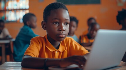 Young African kid using laptop in classroom