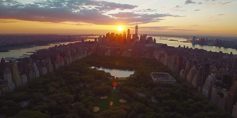 Central Park and Urban Skyline at Sunset: Helicopter View - New York City Panorama, Green Oasis,...