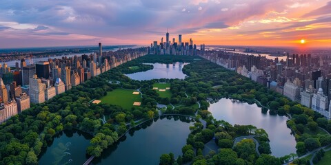 Fototapeta premium Central Park and Urban Skyline at Sunset: Helicopter View - New York City Panorama, Green Oasis, Urban Architecture