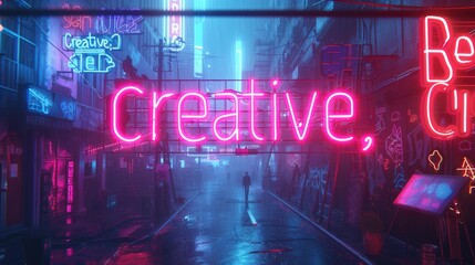 Letter of be creative in variant texture with bright light neon color in futuristic design with 3D design surrounded with high tower or electrical machine and big city at night. Scifi concept. AIG42.
