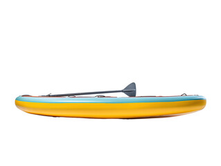 a yellow and blue kayak with a paddle