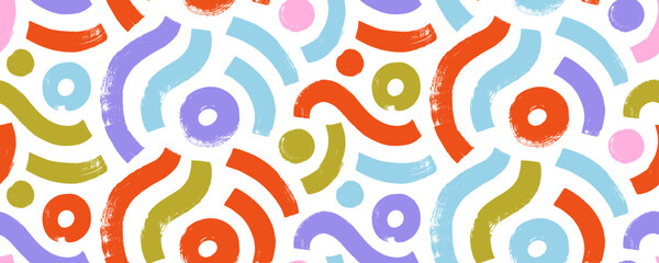 Fun colorful seamless banner pattern with organic geometric shapes. Kid texture design with basic brush drawn shapes.