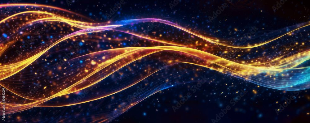 Aufkleber the image features a wavy abstract background with colorful lines and golden lights - generative ai