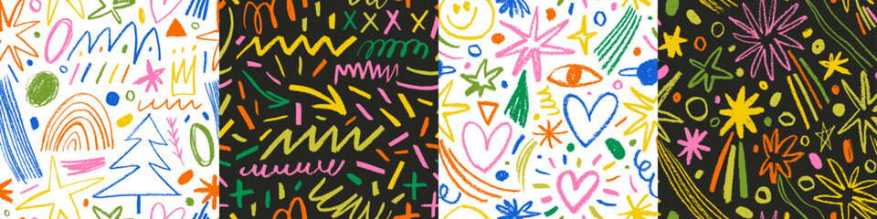 Multi colored seamless pattern collection with pencil drawn doodle shapes and lines.