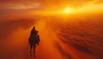 Landscape recreation of touareg in camel in the desert at sunset
