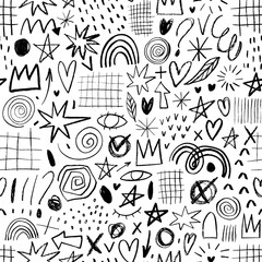Childish doodle seamless pattern with pencil drawings. Vector crayon lines and shapes. Random childish or punk doodle elements.