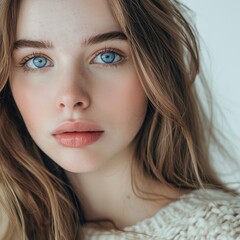 Naklejka premium A woman with serious blue eyes gazes into the camera, her expression intense, clad in a sweater