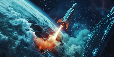 Digital Frontier: Space Rocket Launch from Laptop Screen, Creative Concept, Cosmic Background