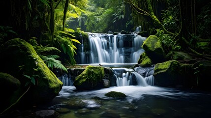 Panorama of beautiful waterfall in the rainforest. Beautiful nature scene.