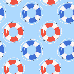 Red and blue life buoy seamless pattern. Summer beach background for print, fabric, textile, wrapping paper.