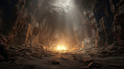 Easter Religious concept: Empty tomb stone with cross. Generative Ai illustration.