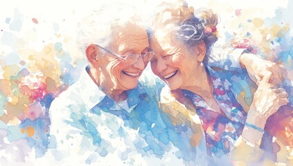 A watercolor clipart of an elderly couple smiling and embracing, with the man wearing glasses and the woman in colorful . - obrazy, fototapety, plakaty