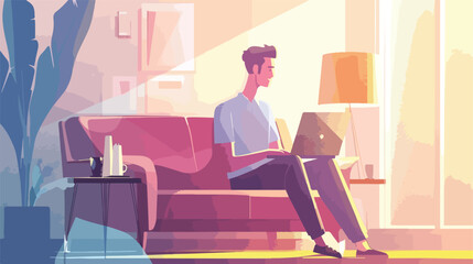 Young Asian man with laptop video chatting at home vector