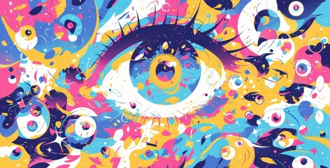 Abstract illustration of trippy mushrooms and eyes, psychedelic swirls in vibrant colors, surreal patterns and shapes. Abstract art style with a focus on visual depth and color gradients. 