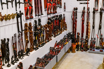 Various statuettes for sale in a street shop in Tanzania
