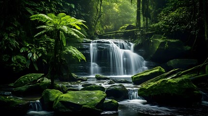 Waterfall in the forest. Long exposure. Panoramic image.