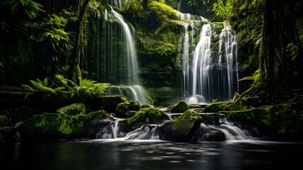 Beautiful waterfall in the forest. Long exposure. Panoramic view.