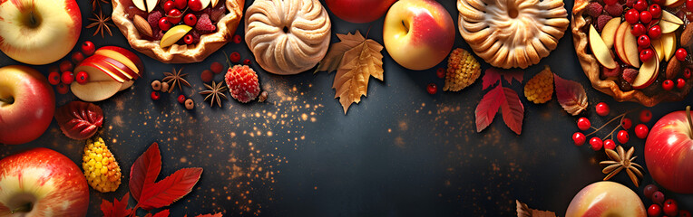 delicious sweet dish, apples and pomegranate  with  orange autumn leaves fall l concept of nature background   - Powered by Adobe