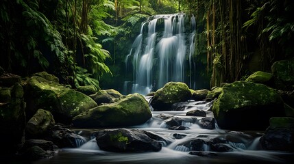 Panoramic view of beautiful waterfall in the rainforest. Long exposure.