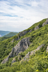 Ovcar and Kablar mountains new West Morava river in Serbia, view of natural park, rocks, trees and fields of grass. Protected Serbian natural park.
