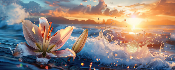 lily floating on bright ocean waves