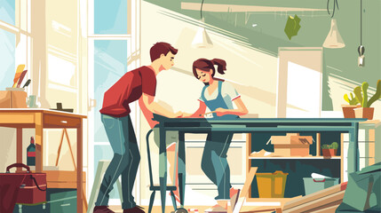 Young couple assembling furniture at home style
