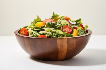 Set against a pristine white studio background, a wooden bowl showcases a colorful vegetable salad composed of tomatoes, cucumbers, lettuce, onions, olives, and bell peppers.