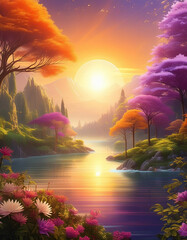 mountain view and river, with pink and purple blossoms illustration