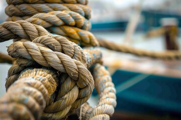 Fototapeta premium Close-up of a heart-shaped knot in a sturdy rope against a blurred background.. Beautiful simple AI generated image in 4K, unique.