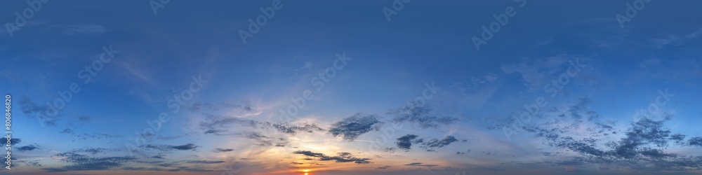 Wall mural twilight blue sky 360 hdri panorama with evening clouds before sunset for use in 3d graphics or game
