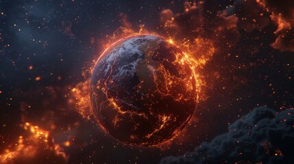 The image shows a planet engulfed in flames, with debris and fire surrounding it.