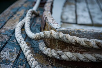 Fototapeta premium Ropes from an old sailing boat, close-up.. Beautiful simple AI generated image in 4K, unique.