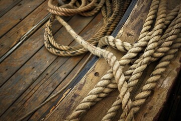 Obraz premium Ropes from an old sailing boat, close-up.. Beautiful simple AI generated image in 4K, unique.
