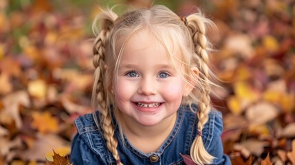 Fototapeta premium A little girl sits in a mound of leaves, her pig-tailed hair framing her face as she smiles at the camera