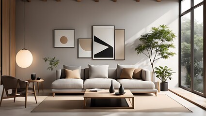  Japandi minimalist interior design of modern living room, home. 