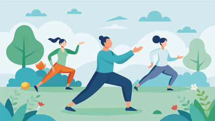 A peaceful energy fills the garden as the Tai Chi group moves in slow fluid motions under the guidance of their instructor.. Vector illustration