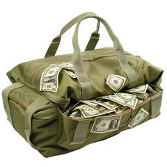 A cash-filled duffle bag isolated on a white background, suggesting wealth, illicit activity, or a significant financial gain, is enigmatic and captivating 