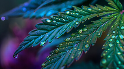 Fresh dew drops on vibrant green cannabis leaf