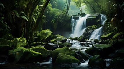 Panoramic view of a small waterfall in a rainforest.