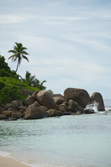 Granite stones and trees near white sandy beach of anse forbans, Calm sea, Mahe Seychelles